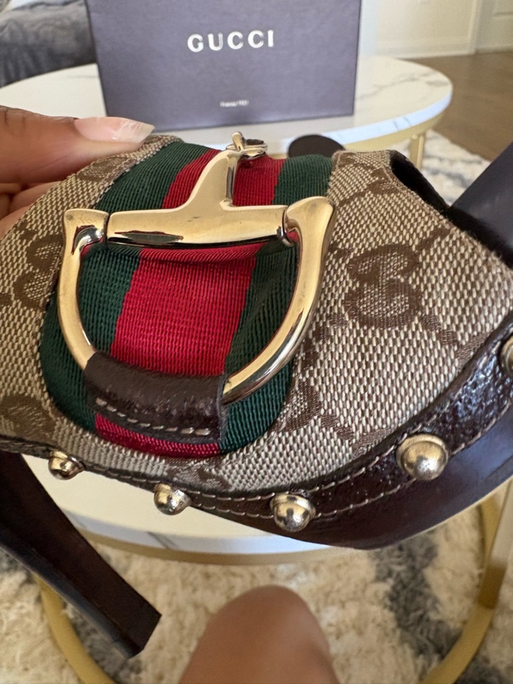 Gucci Brown GG Canvas Wood Platform Slides with Red and Green Web - Picture 11 of 16